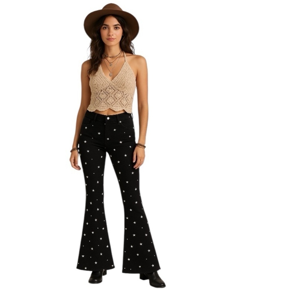 Forever 21 Black White Velvet Whimsigoth Embroidered Bell Bottoms Pants Size S